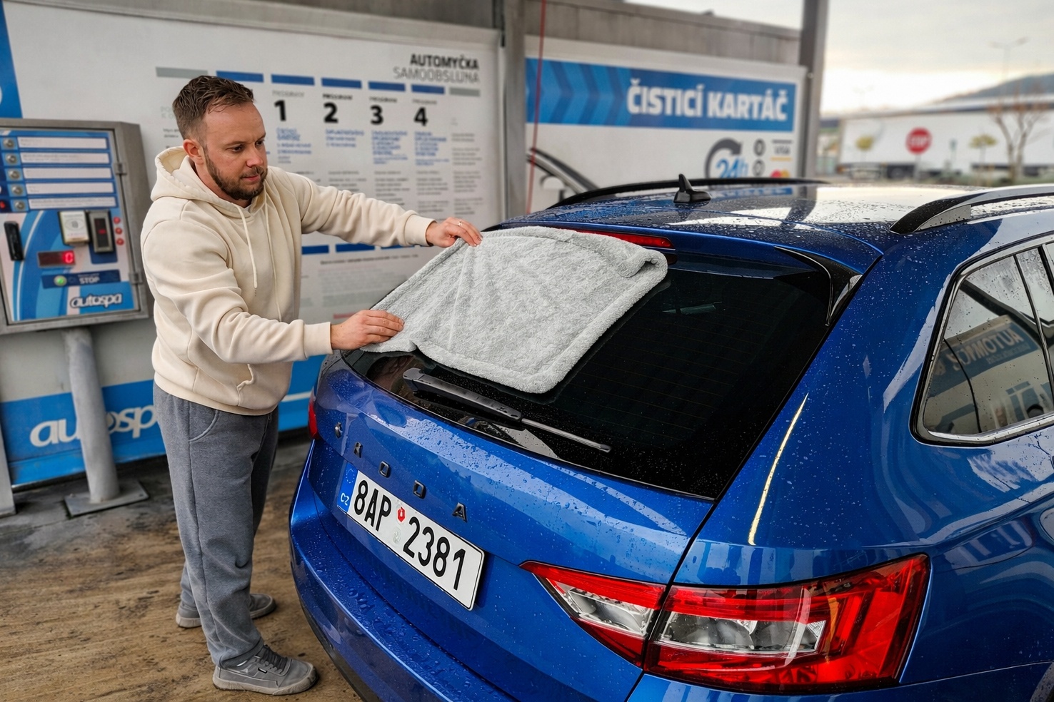 Muž suší zadní okno Škody